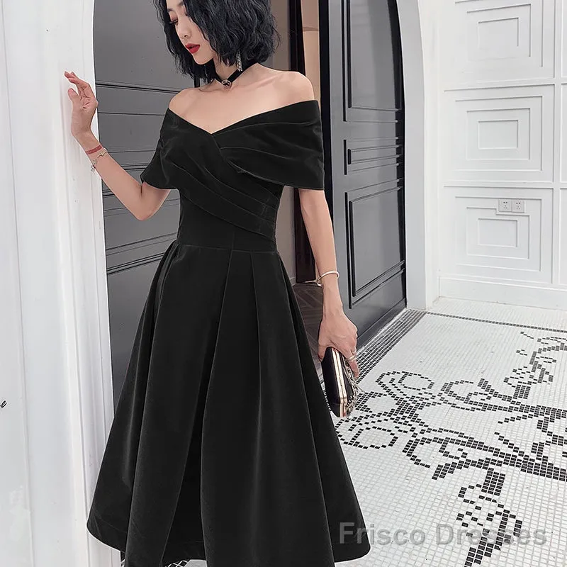 Beautiful Velvet Off Shoulder Black Tea Length Evening Dresses, New Chic Prom Dress