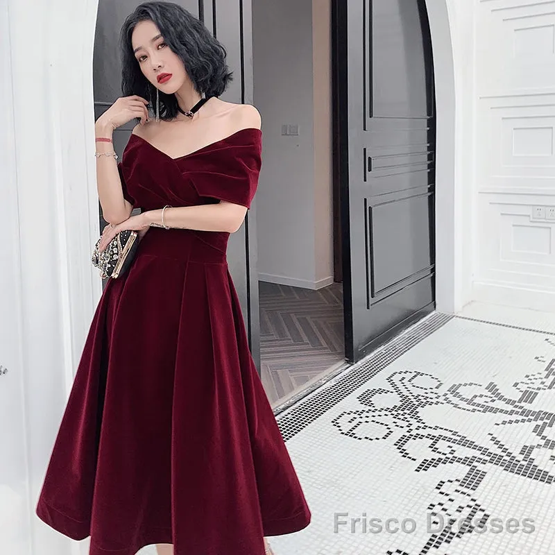 Beautiful Velvet Off Shoulder Black Tea Length Evening Dresses, New Chic Prom Dress