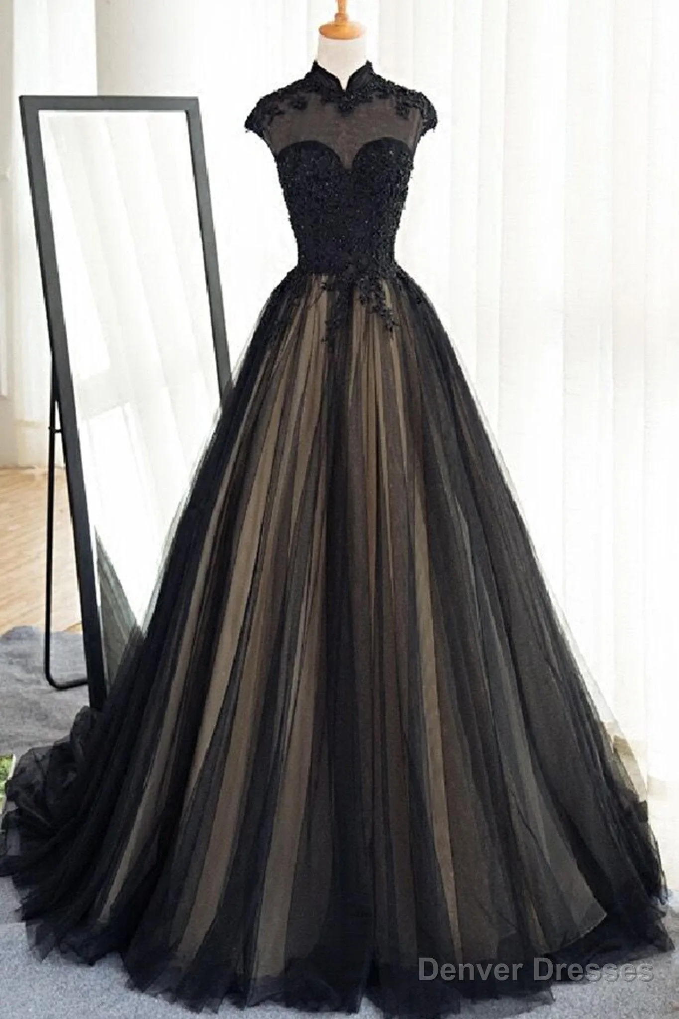 Black Tulle Cap Sleeves Floor Length Long Prom Dresses, Luxury Dresses
