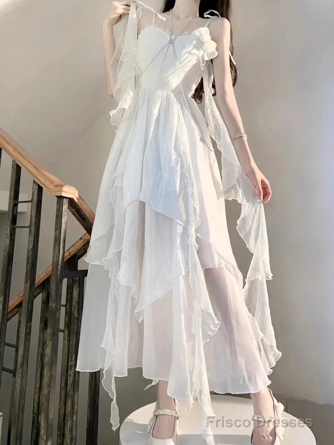 Chic A Line Spaghetti Straps Chiffon White Ankle Length Birthday Dresses Birthday Outfits