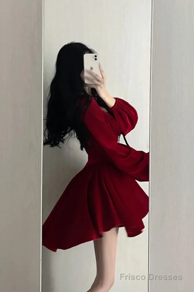 Chic A Line Square Neckline Long Sleeves Red Velvet Party Dress Birthday Dresses Birthday Outfits