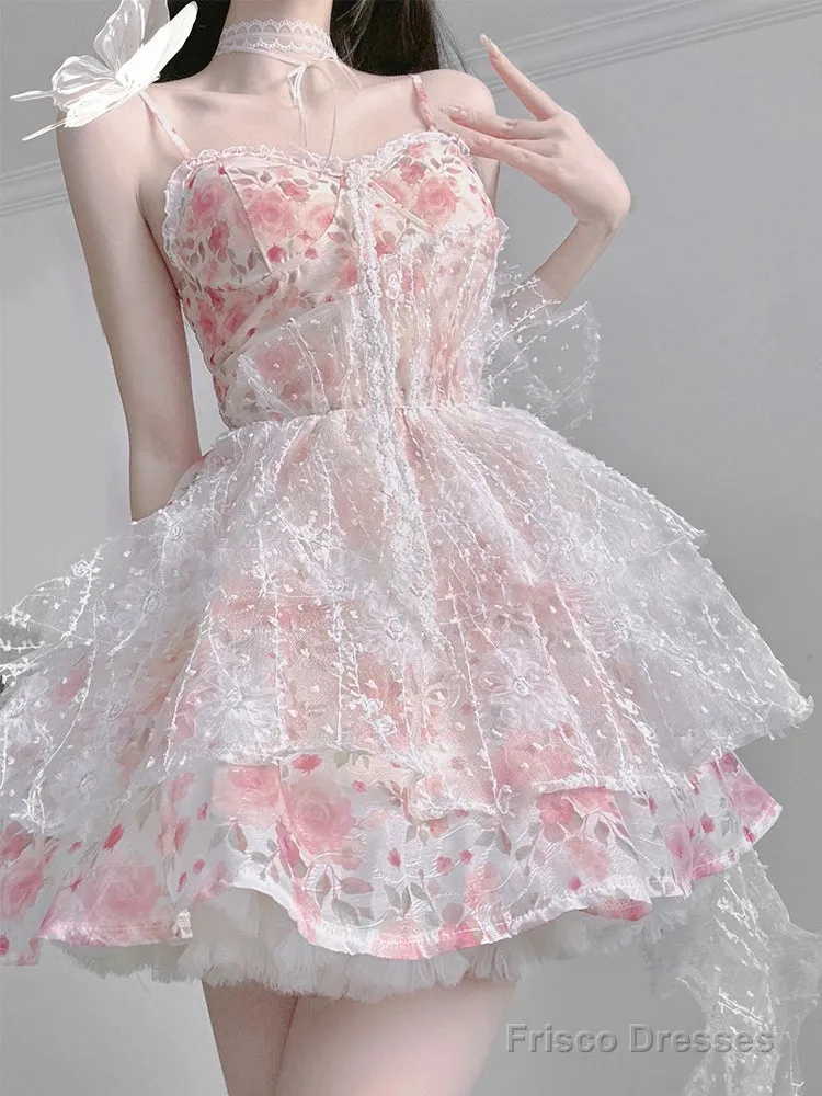 Chic Ball Gown Spaghetti Straps Lolita Dress Pink Birthday Dresses Birthday Outfits
