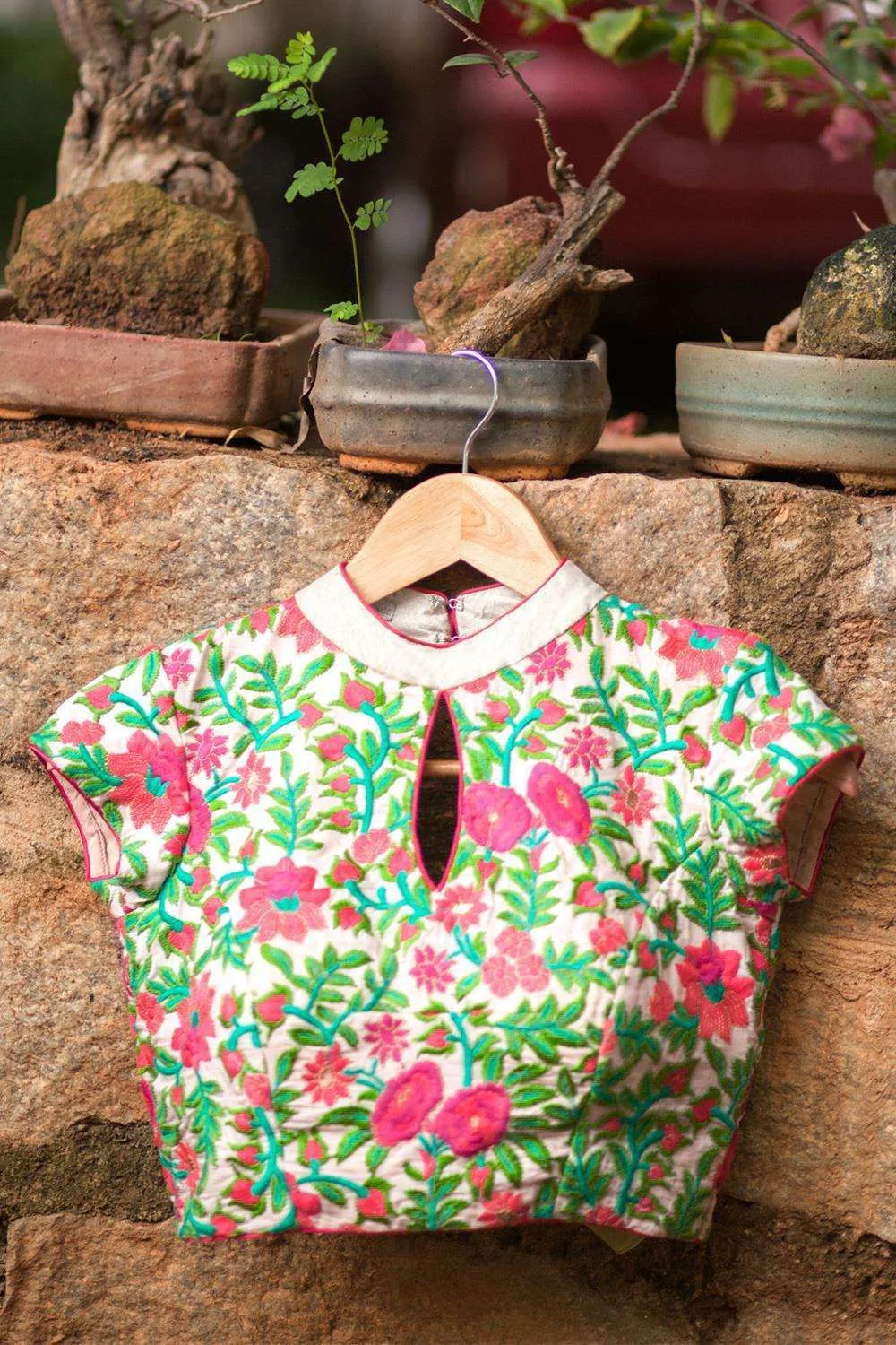 Cream High Neck threadwork blouse