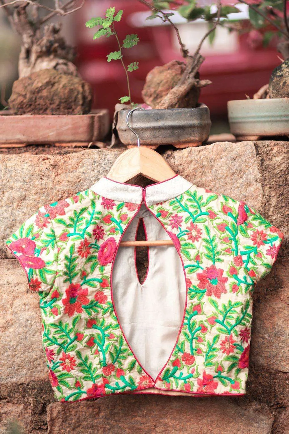 Cream High Neck threadwork blouse