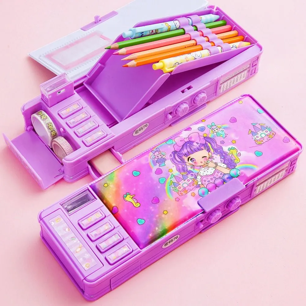 Cute Cartoon Pencil Case with Mechanical Combination Lock for Students