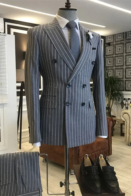 Deep Gray Striped Peaked Lapel Formal Business Suits Double Breasted Two Pieces Tuxedos