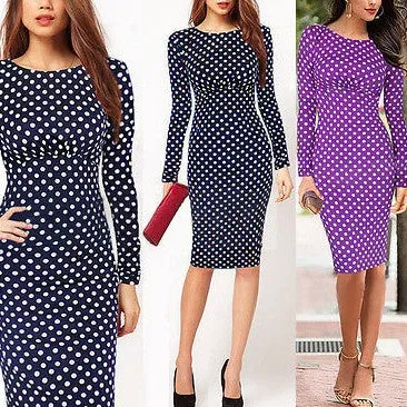 Dots Round Neck Long Sleeve Slim Bodycon Dress