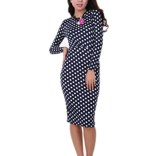 Dots Round Neck Long Sleeve Slim Bodycon Dress
