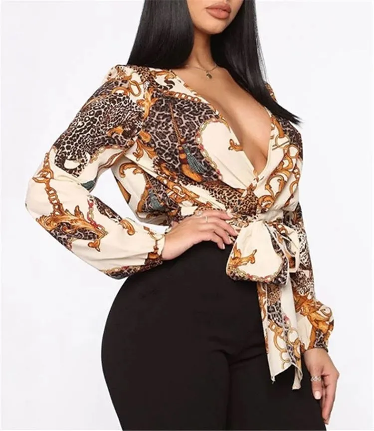 Elegant Print Tops Women Autumn New Women's Fashion Sexy V-neck Bow Tie Long-sleeved Ladies Temperament Short Top