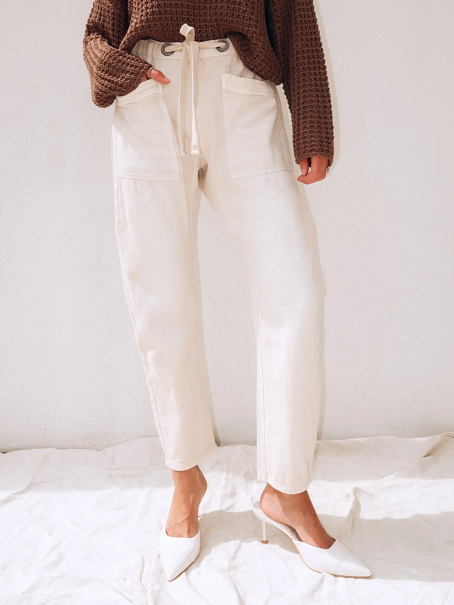 Eva Drawstring Denim Pants in Ecru - Final Sale