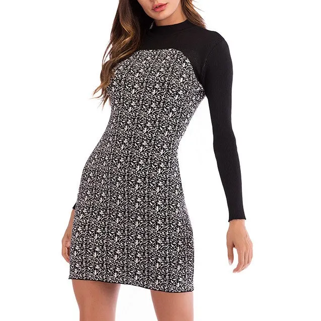 Fashio Knitting Round Neck Hit Color Patchwork Long Sleeve Bodycon Dress