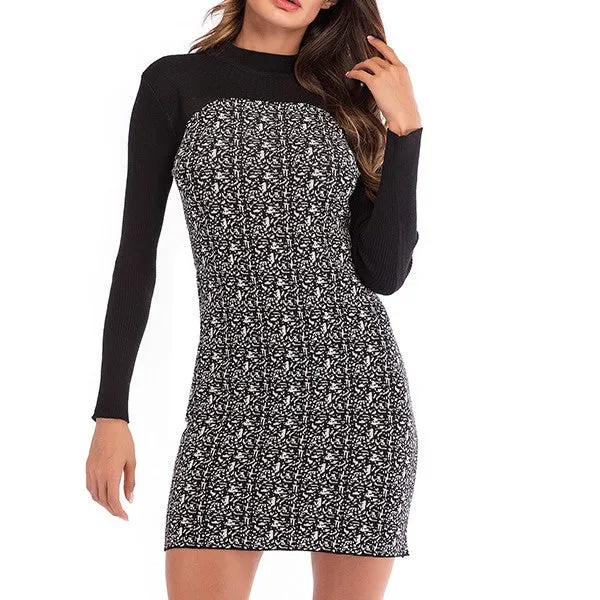 Fashio Knitting Round Neck Hit Color Patchwork Long Sleeve Bodycon Dress