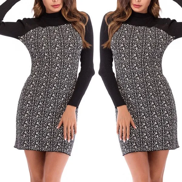 Fashio Knitting Round Neck Hit Color Patchwork Long Sleeve Bodycon Dress