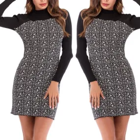 Fashio Knitting Round Neck Hit Color Patchwork Long Sleeve Bodycon Dress