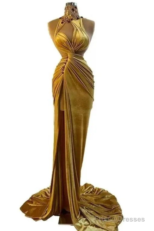 Gold Evening Dresses Sheath High Collar Velvet Beaded Slit Long Turkey Dubai Saudi Arabic Evening Gown Prom Dresses