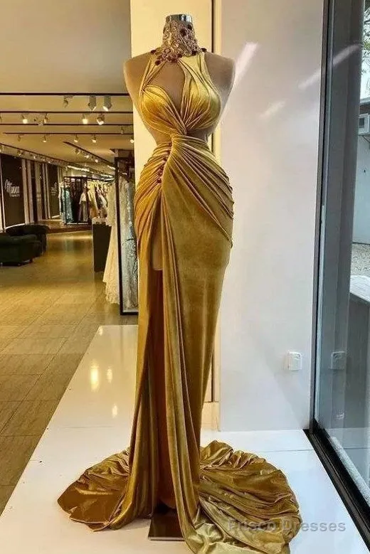 Gold Evening Dresses Sheath High Collar Velvet Beaded Slit Long Turkey Dubai Saudi Arabic Evening Gown Prom Dresses