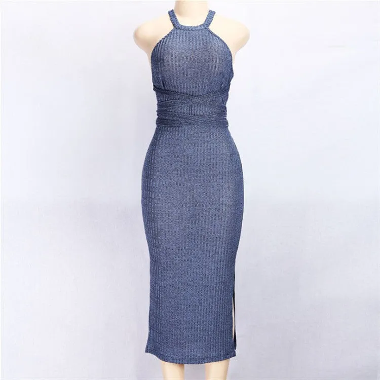 Hanging neck Bandage Sleeveless Slim Bodycon Dress