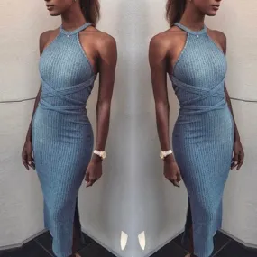Hanging neck Bandage Sleeveless Slim Bodycon Dress
