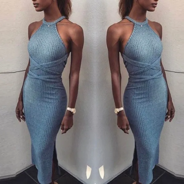 Hanging neck Bandage Sleeveless Slim Bodycon Dress
