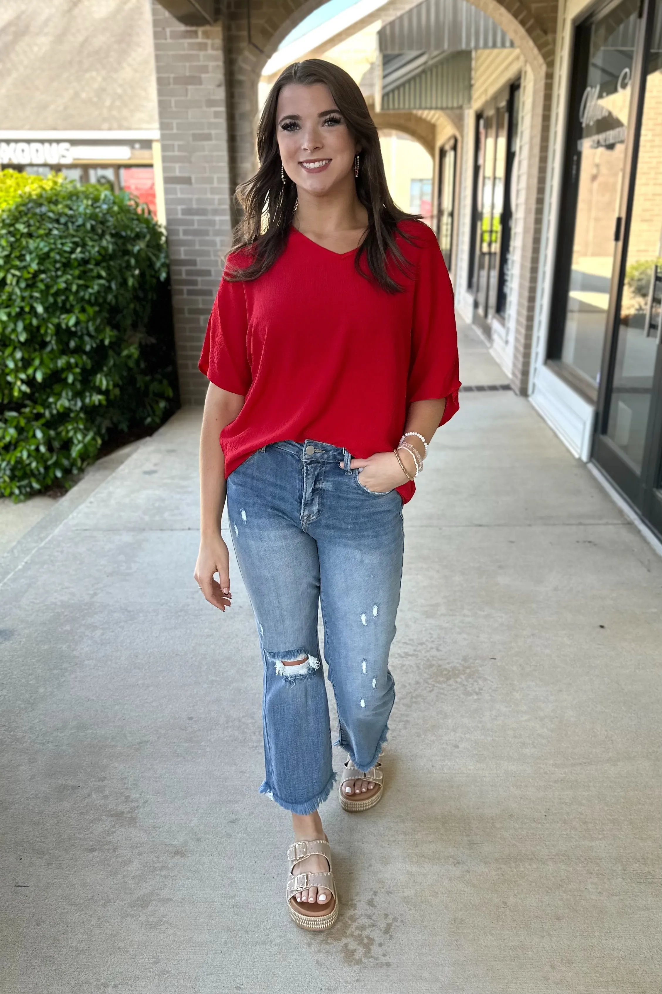 JULIANA Textured V Neck Top (Red)