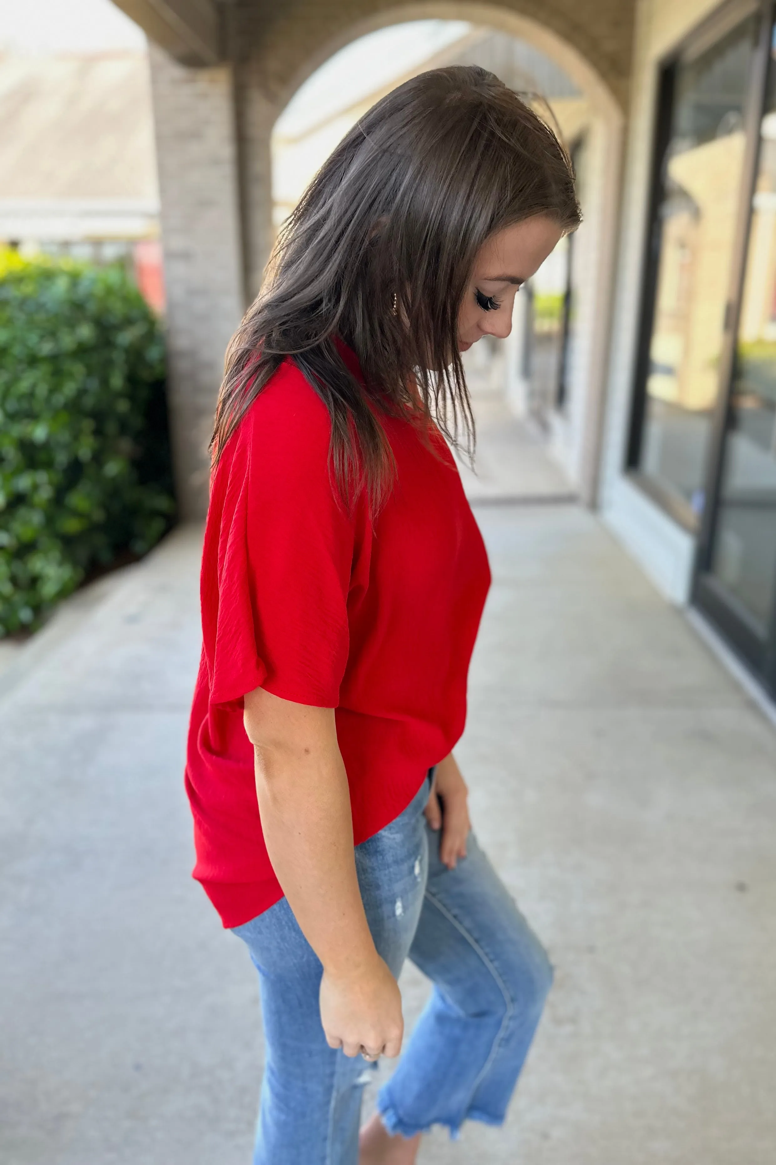 JULIANA Textured V Neck Top (Red)