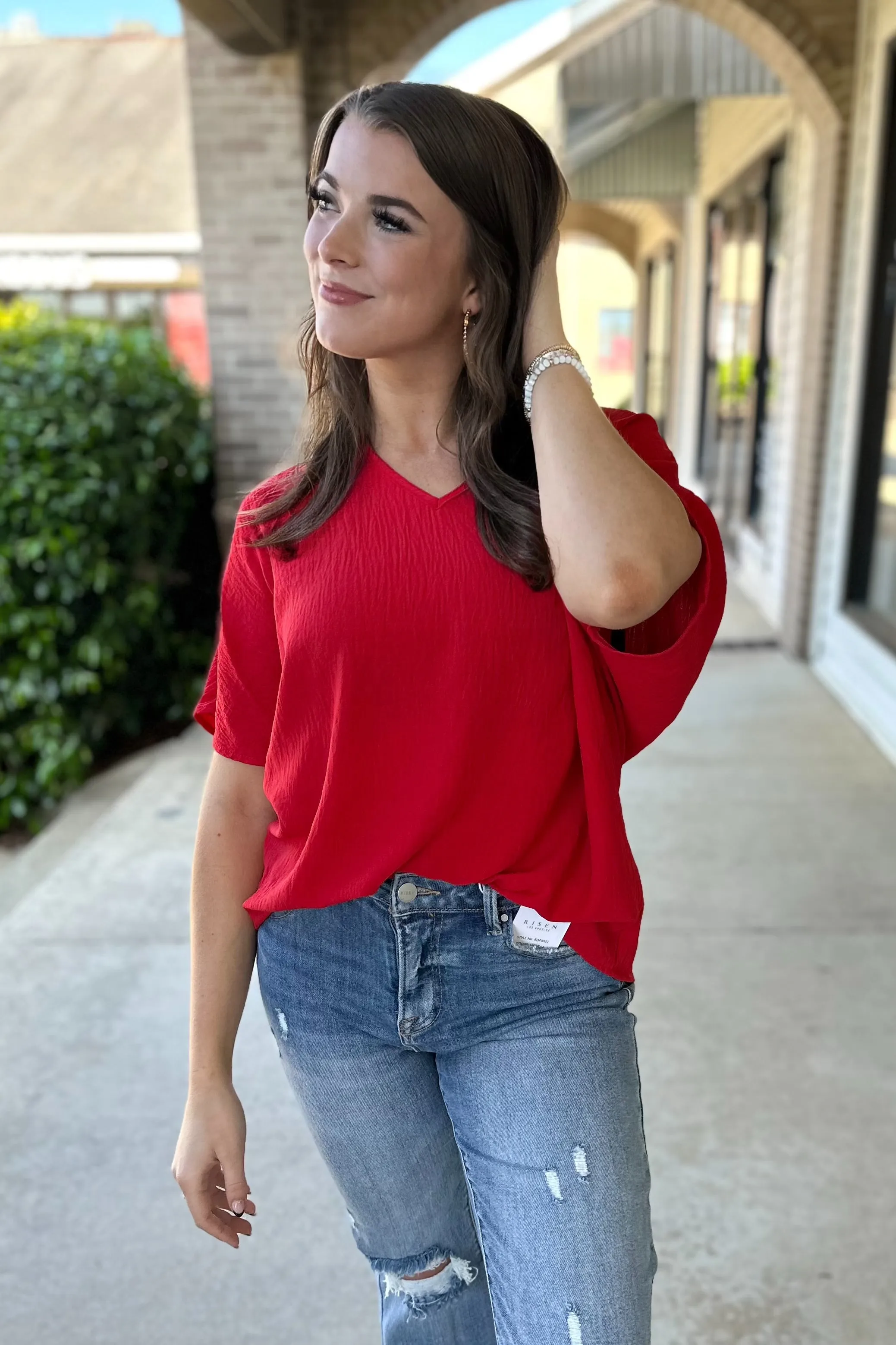 JULIANA Textured V Neck Top (Red)
