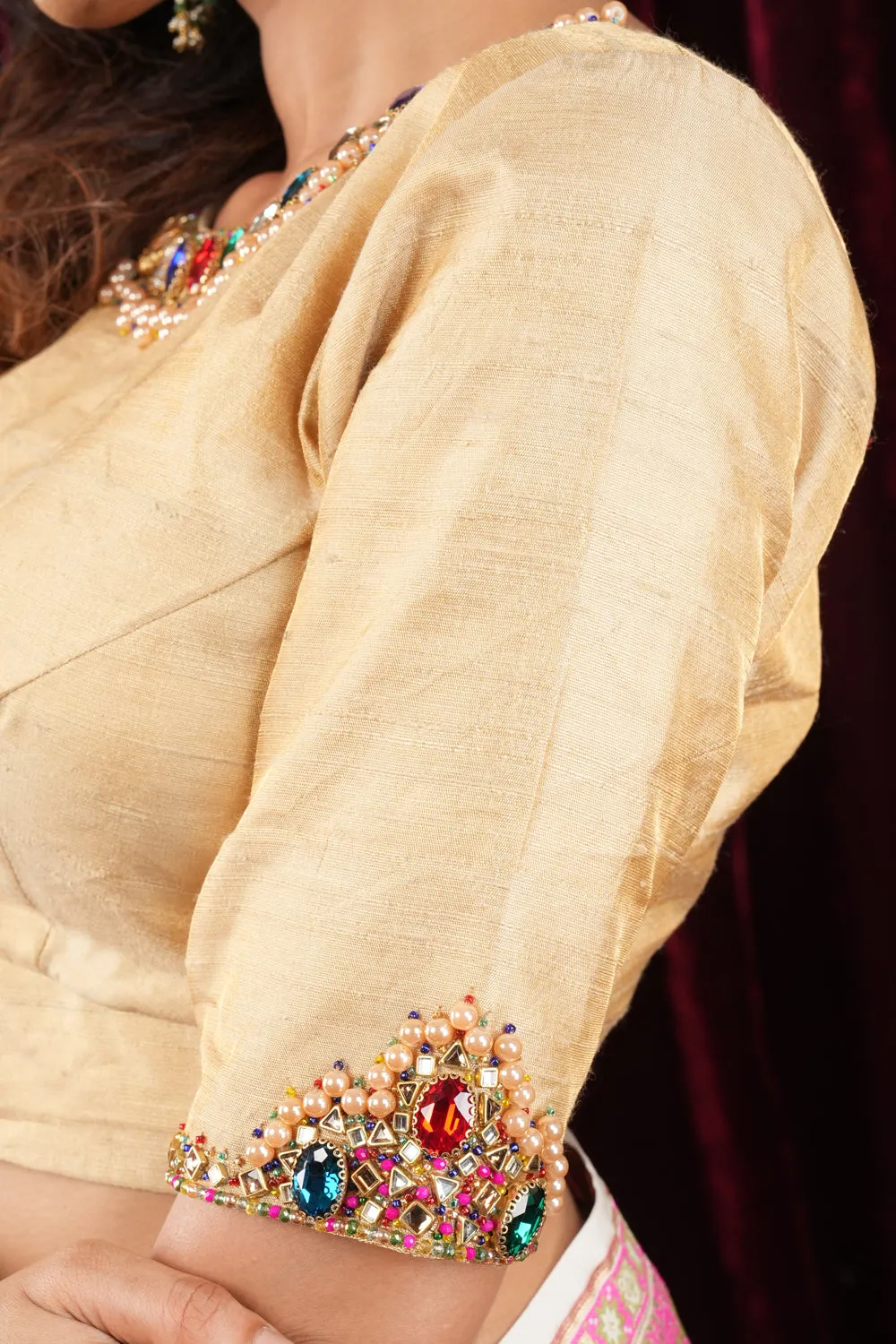 Multicolor Necklace and bajuband handwork detailing on Sandal Pure Tissue Raw Silk Blouse
