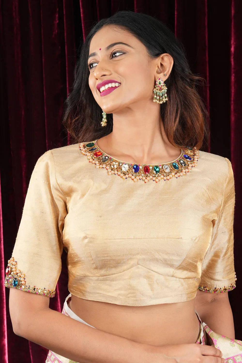 Multicolor Necklace and bajuband handwork detailing on Sandal Pure Tissue Raw Silk Blouse