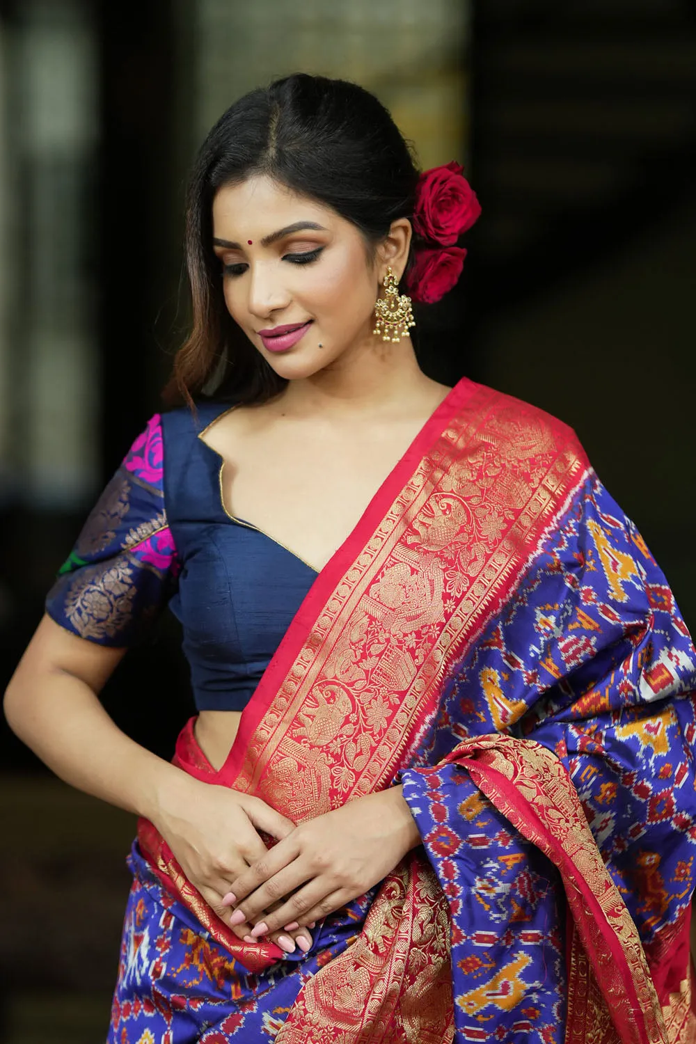 Navy Blue Pure Raw Silk & brocade Sweetheart neck blouse with Tulip sleeves, Made to Order