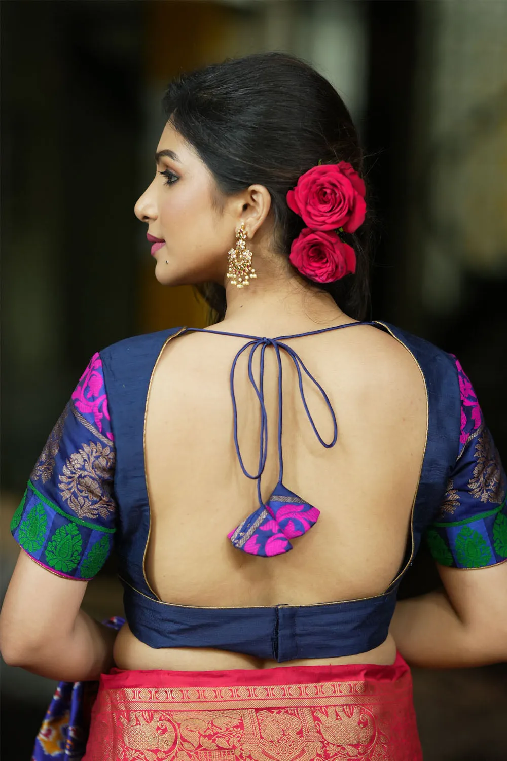 Navy Blue Pure Raw Silk & brocade Sweetheart neck blouse with Tulip sleeves, Made to Order