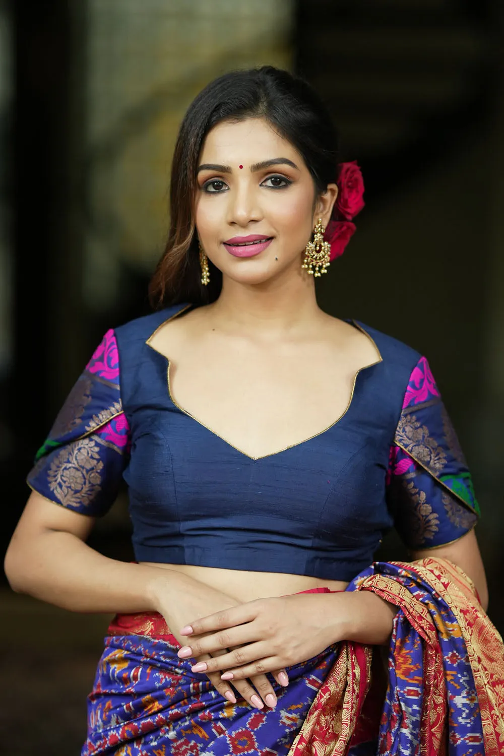Navy Blue Pure Raw Silk & brocade Sweetheart neck blouse with Tulip sleeves, Made to Order