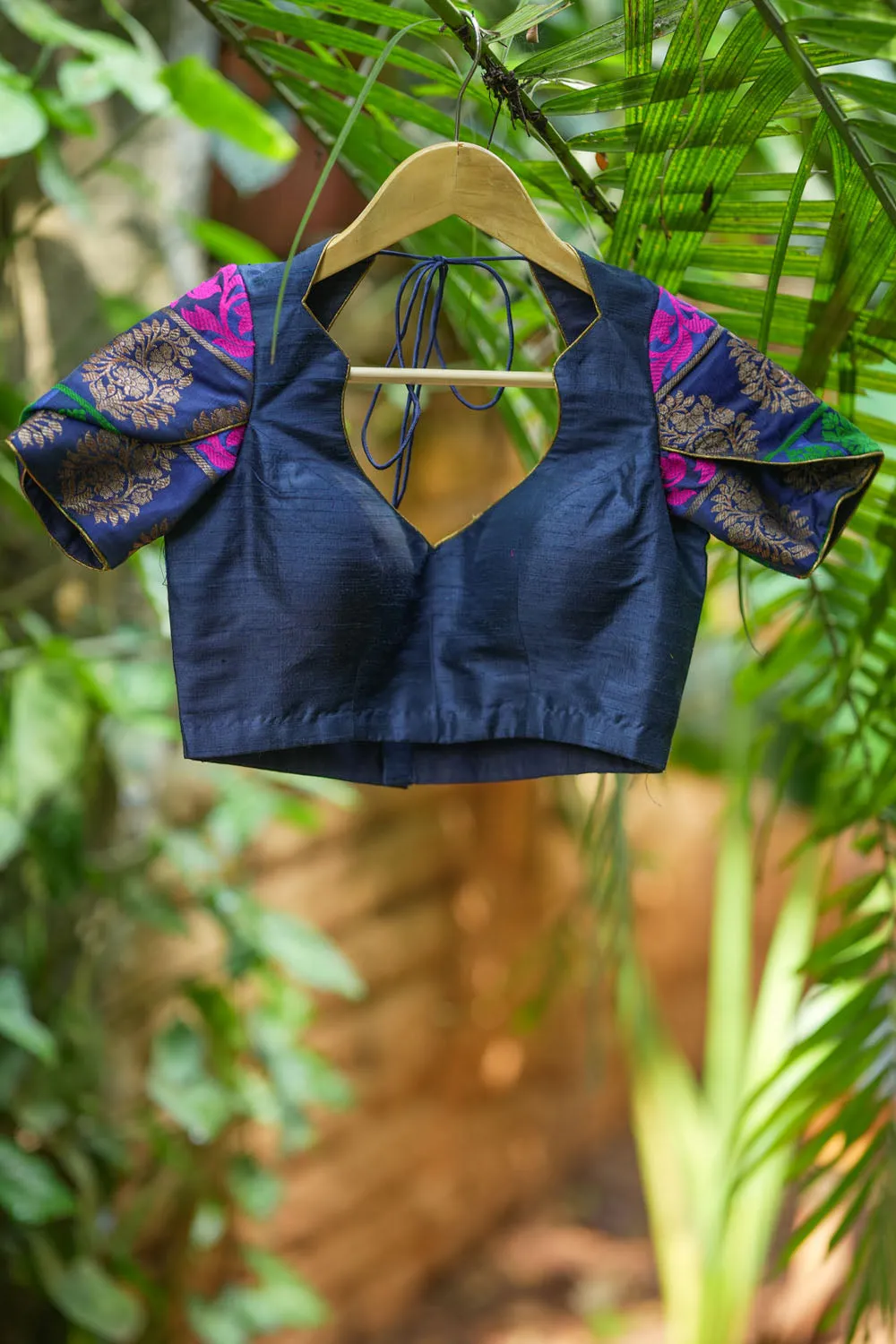 Navy Blue Pure Raw Silk & brocade Sweetheart neck blouse with Tulip sleeves, Made to Order