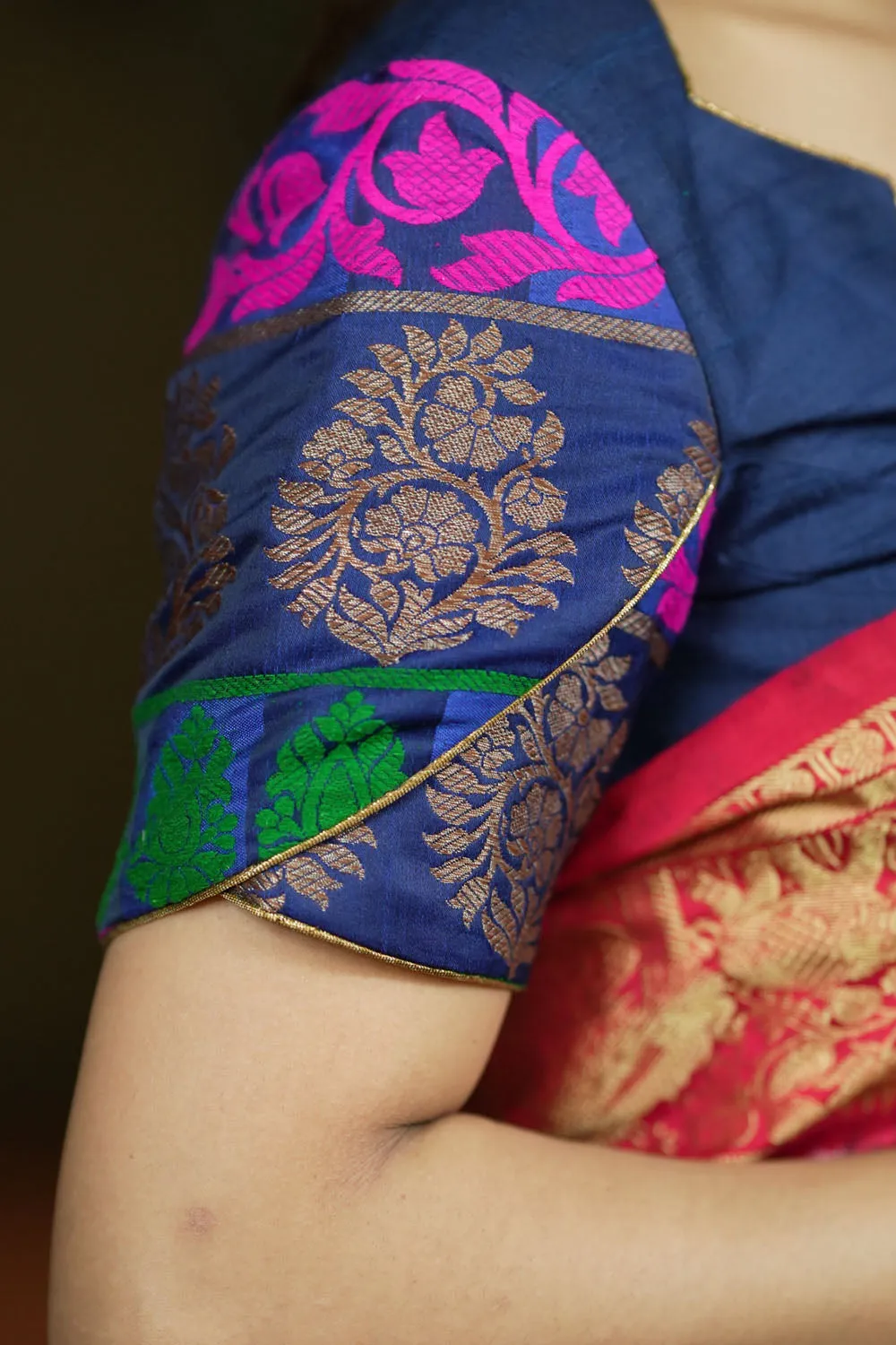 Navy Blue Pure Raw Silk & brocade Sweetheart neck blouse with Tulip sleeves, Made to Order