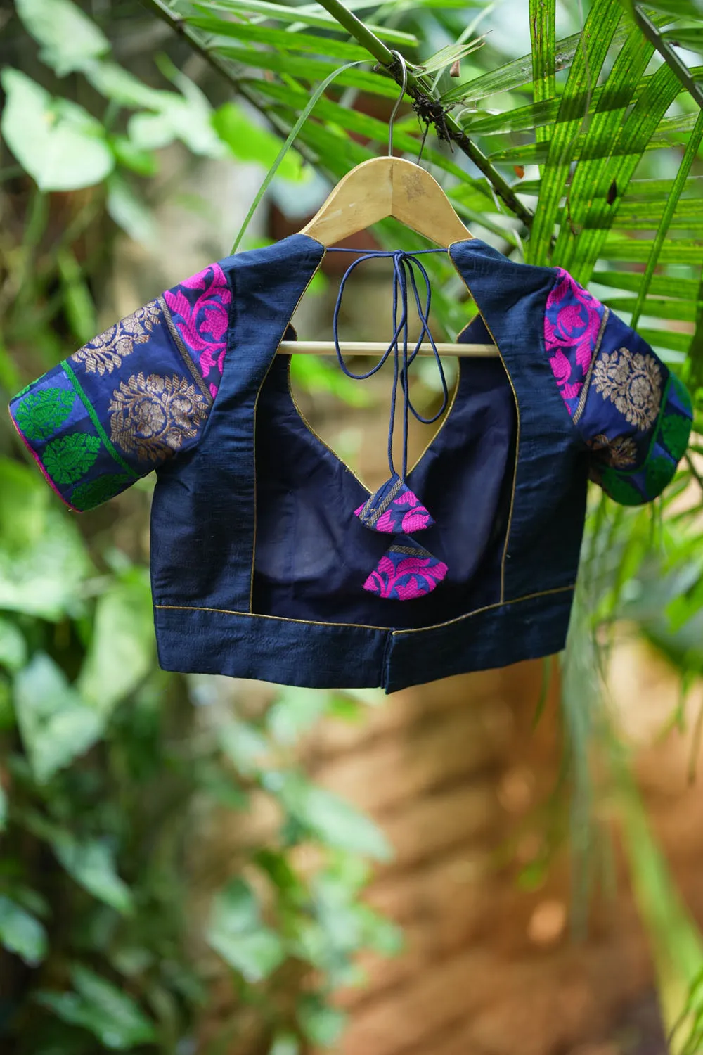 Navy Blue Pure Raw Silk & brocade Sweetheart neck blouse with Tulip sleeves, Made to Order