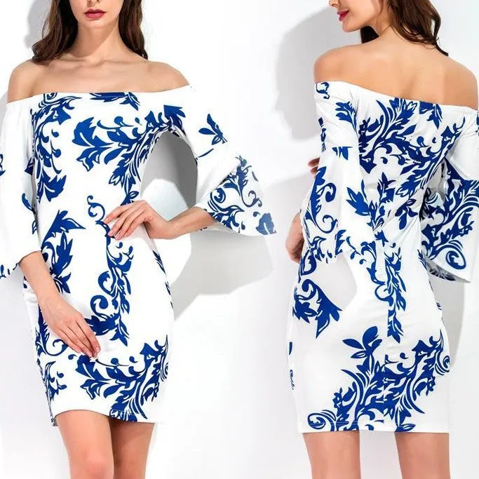 Off Shoulder Flare sleeve Slim Bodycon Dress