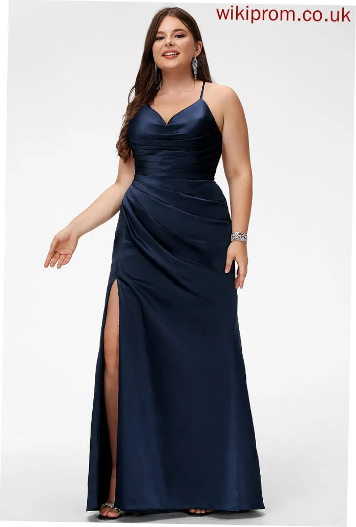 Pleated Deja Floor-Length Prom Dresses Sheath/Column Satin V-neck With