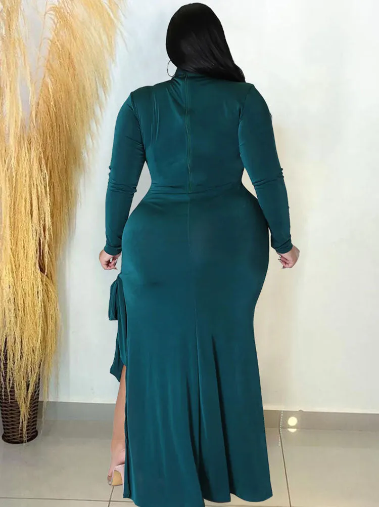 Plus Size Long Sleeve Lace Up Split Maxi Dresses