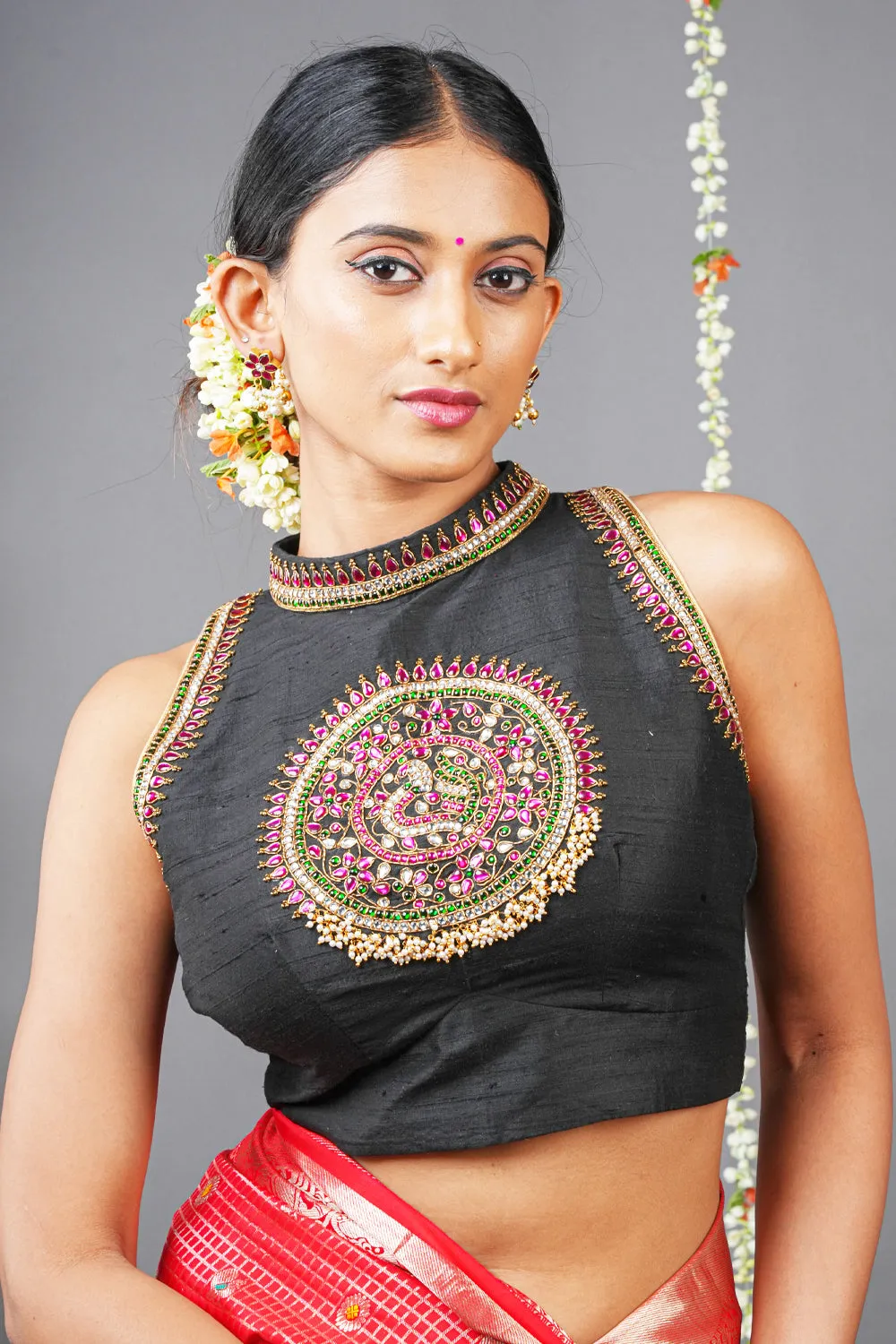 Statement Black Halter Neck Pure Raw Silk Blouse with Kemp Handwork Mandala, Made to Order