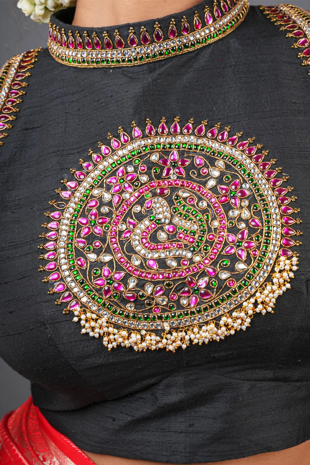 Statement Black Halter Neck Pure Raw Silk Blouse with Kemp Handwork Mandala, Made to Order